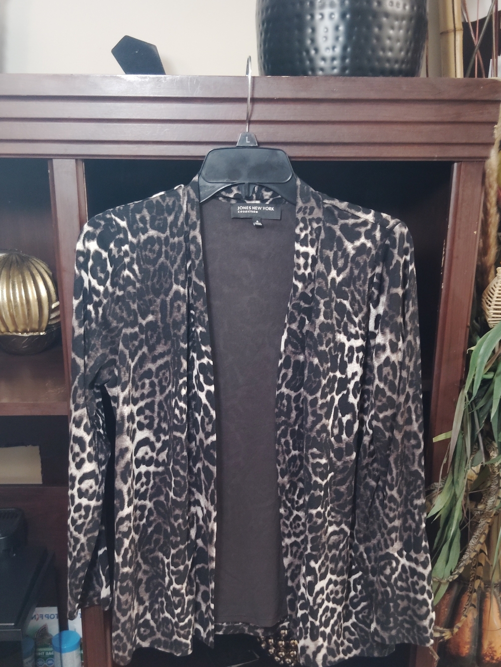Jones New York Black and Gray Leopard Open Cardigan